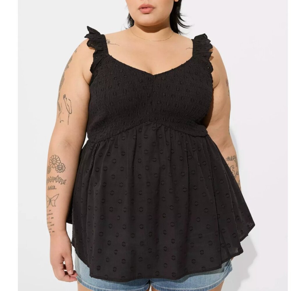 Torrid Babydoll Cotton Clip Dot Smocked Bodice Tank